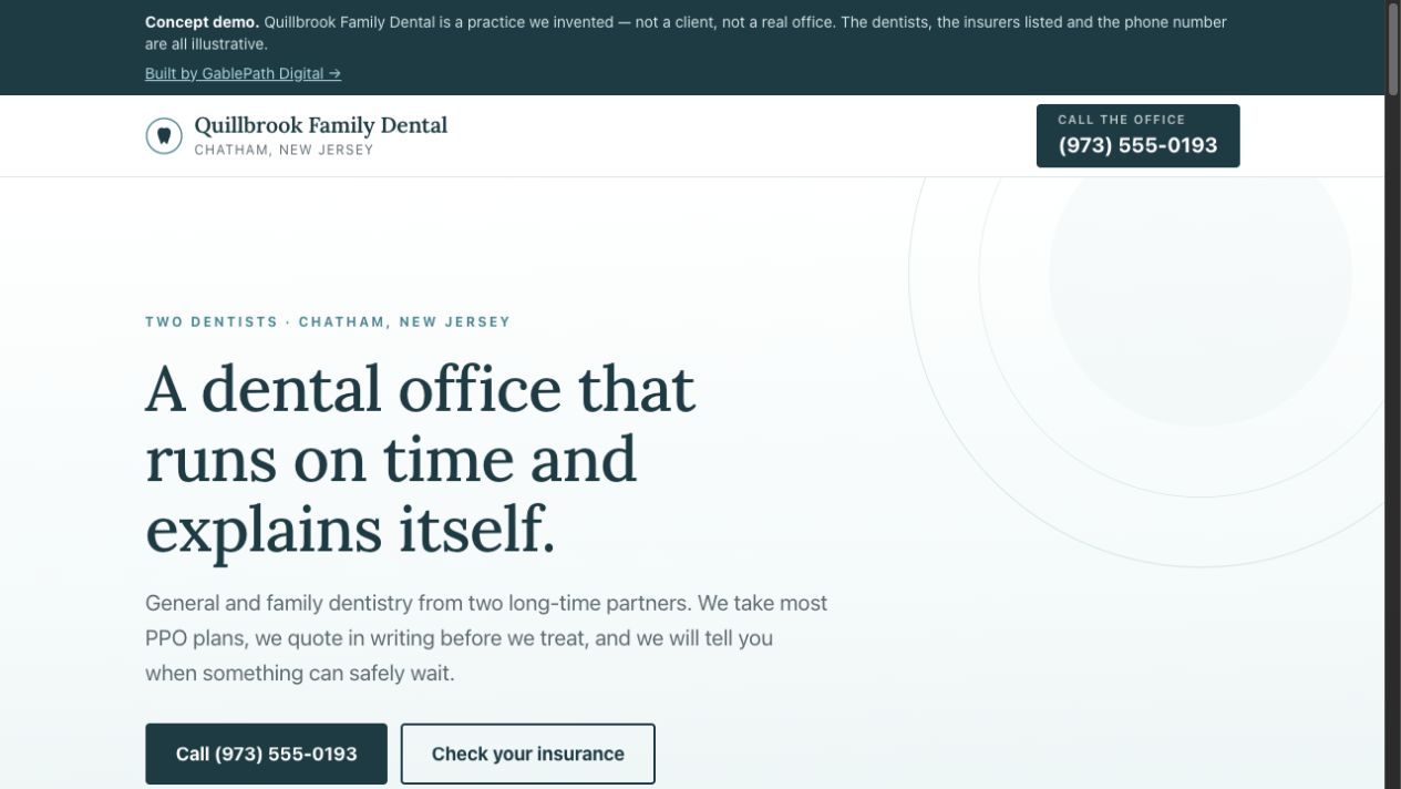 Homepage design for the fictional Quillbrook Family Dental concept