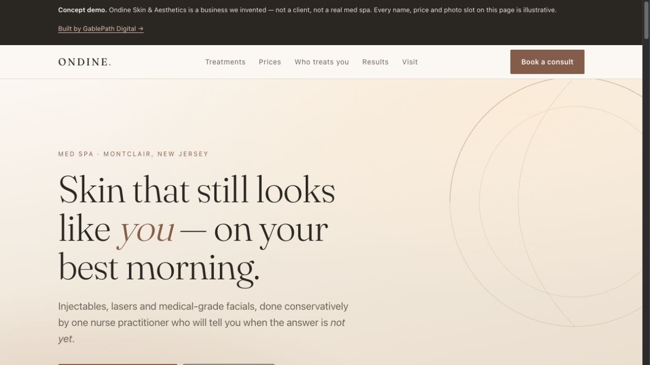 Actual homepage of the fictional Ondine design study, with elegant typography and a clear consultation path